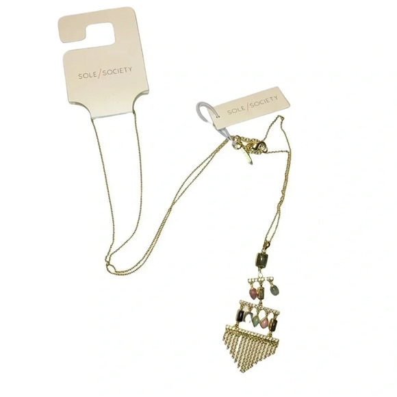 NWT Sole Society Gold Neutral Color Stone Fringe Necklace - Picture 8 of 8